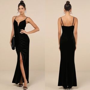 Lulus Stunning Invitation Black Velvet Ruched Sleeveless Maxi Dress L Wedding